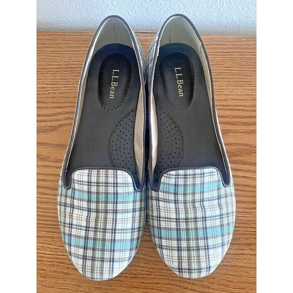 LL Bean Women's Flats Loafer Slip On Size 8 M Sky Blue Plaid Canvas - Picture 3 of 9